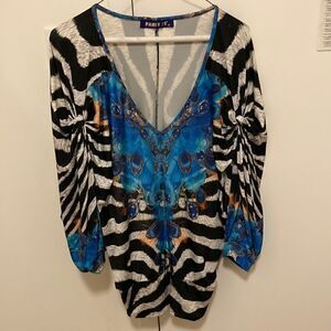 Party 21  3/4 Sleeve Blouson Top in Bejeweled Animal Print with Stripe. Size M.